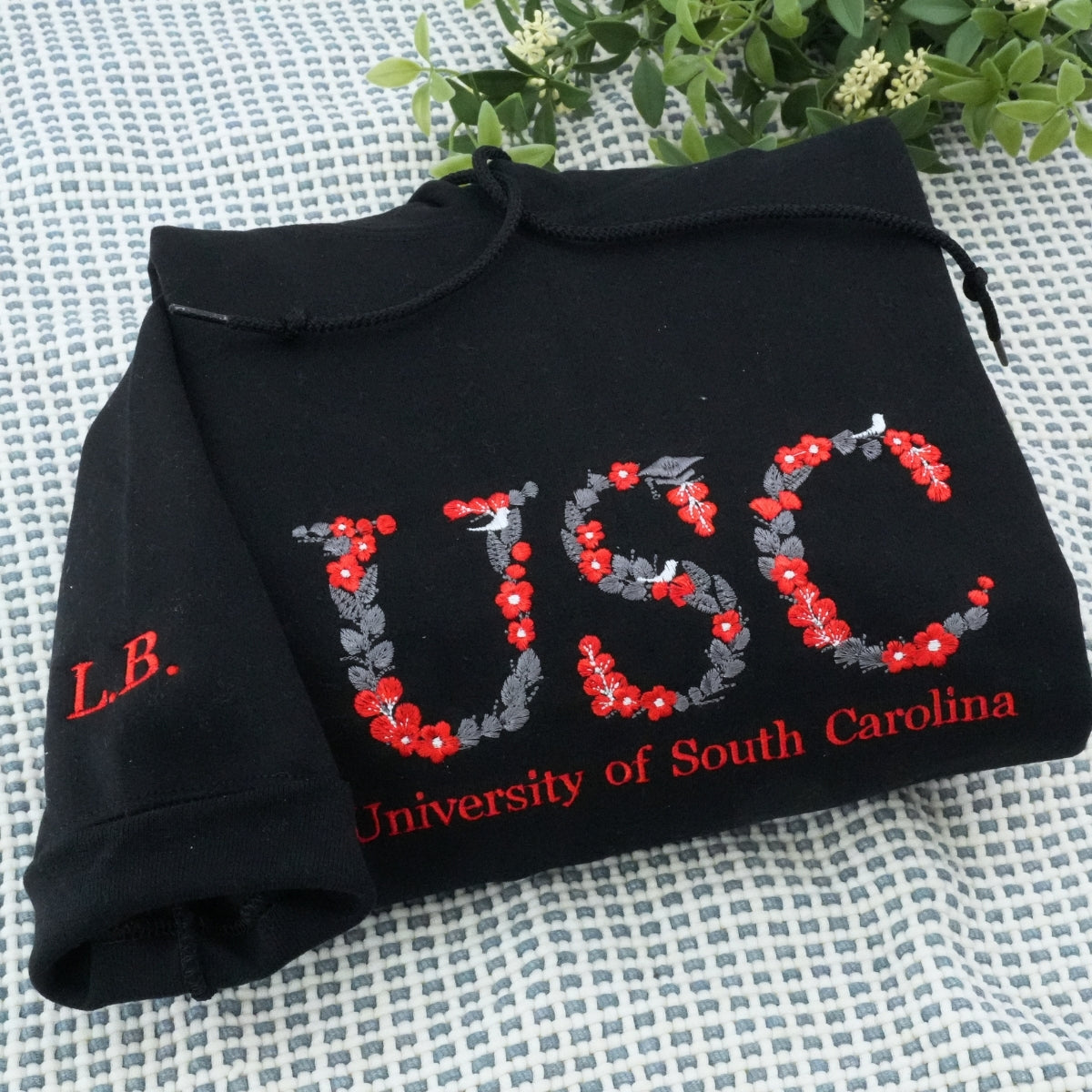 College Custom Embroidered Hoodie - Personalized Floral Design Sweatshirt - Student Apparel