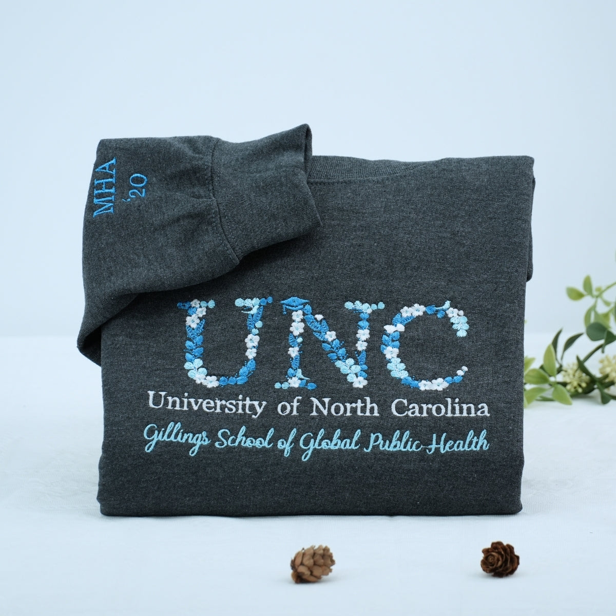 College Custom Embroidered Hoodie - Personalized Floral Design Sweatshirt - Student Apparel