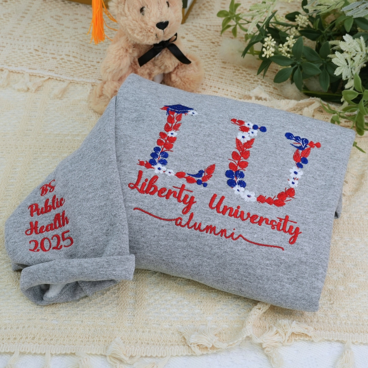 College Custom Embroidered Hoodie - Personalized Floral Design Sweatshirt - Student Apparel