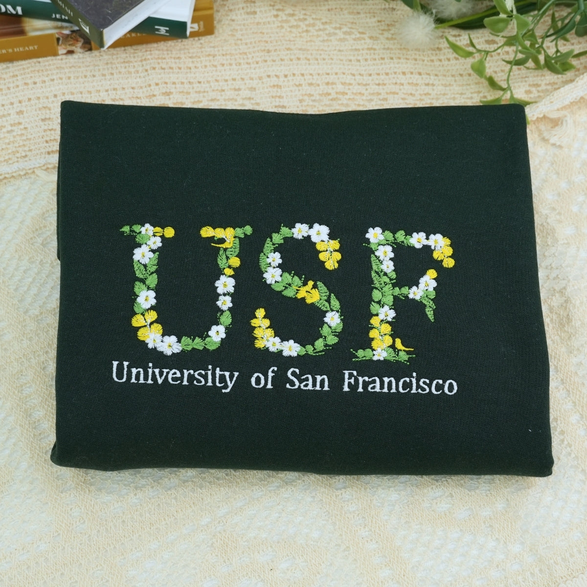 College Custom Embroidered Hoodie - Personalized Floral Design Sweatshirt - Student Apparel