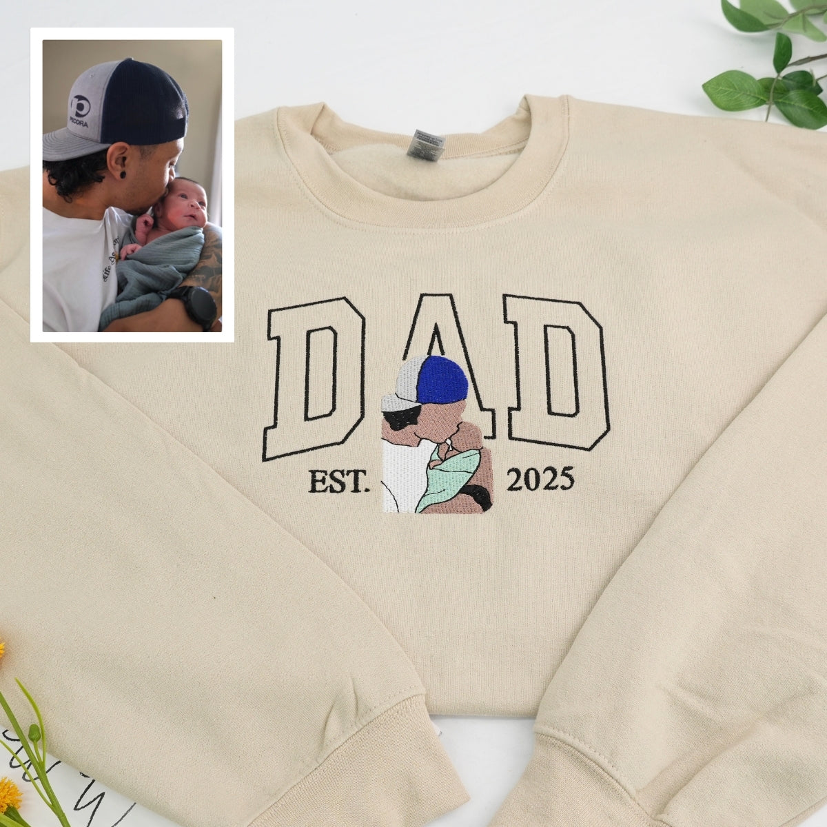 Custom Father Portrait Embroidered Hoodie - Personalized Dad Sweatshirt - Father's Day Gift
