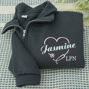 LPN Custom Embroidered Quarter-Zip Sweatshirt - Personalized Name - Licensed Practical Nurse Gift