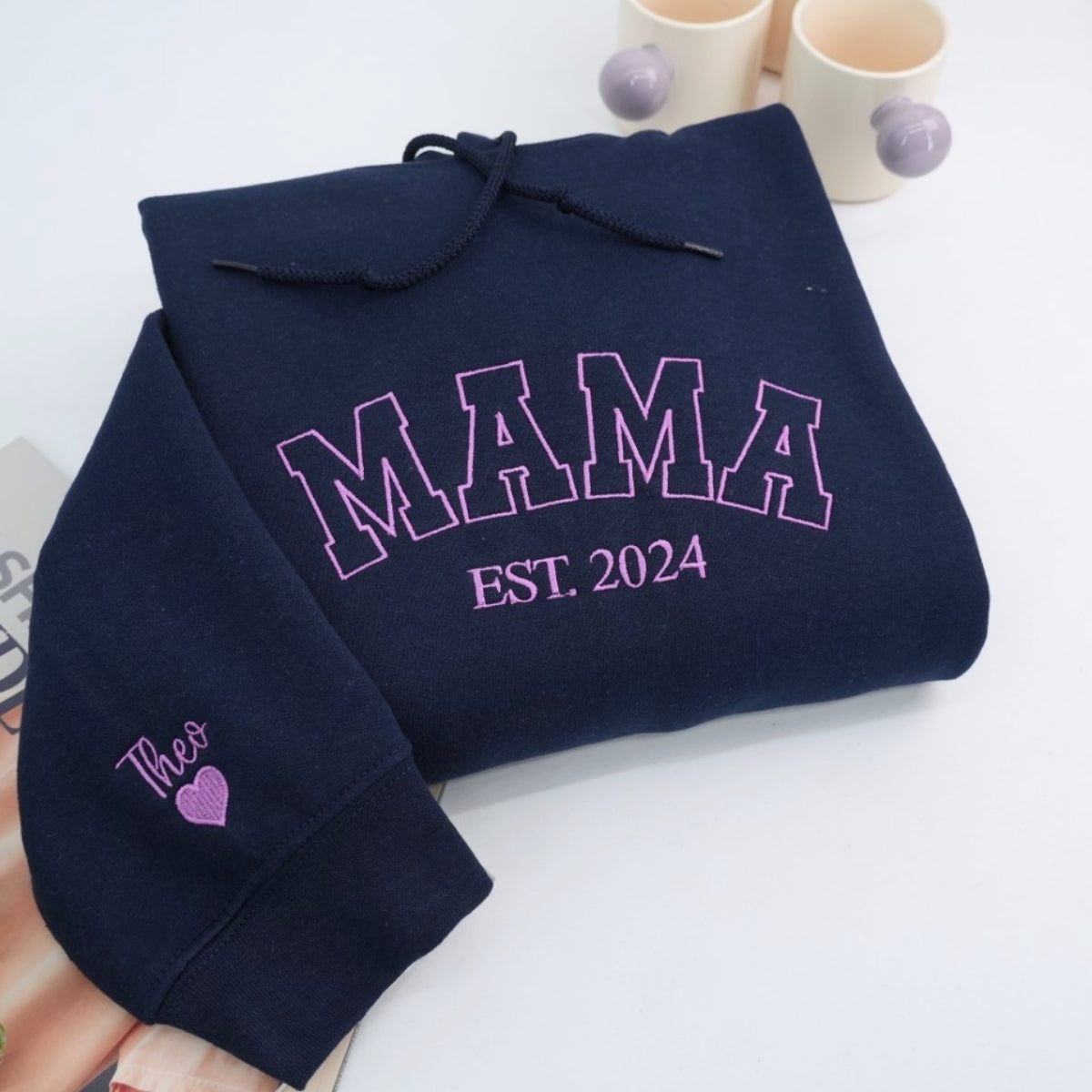 Mama Custom Embroidered Varsity Hoodie - Personalized Child Name - Perfect Mother's Day Gift
