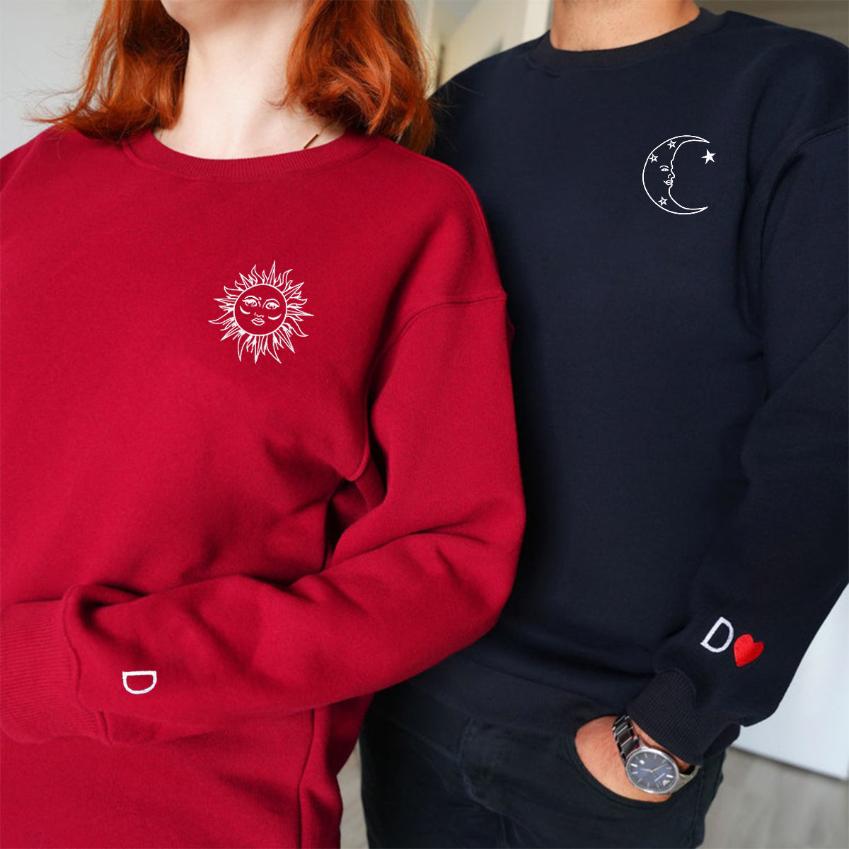 Moon and Sun Custom Embroidered Hoodie Set - Matching Couple Personalized Hoodies