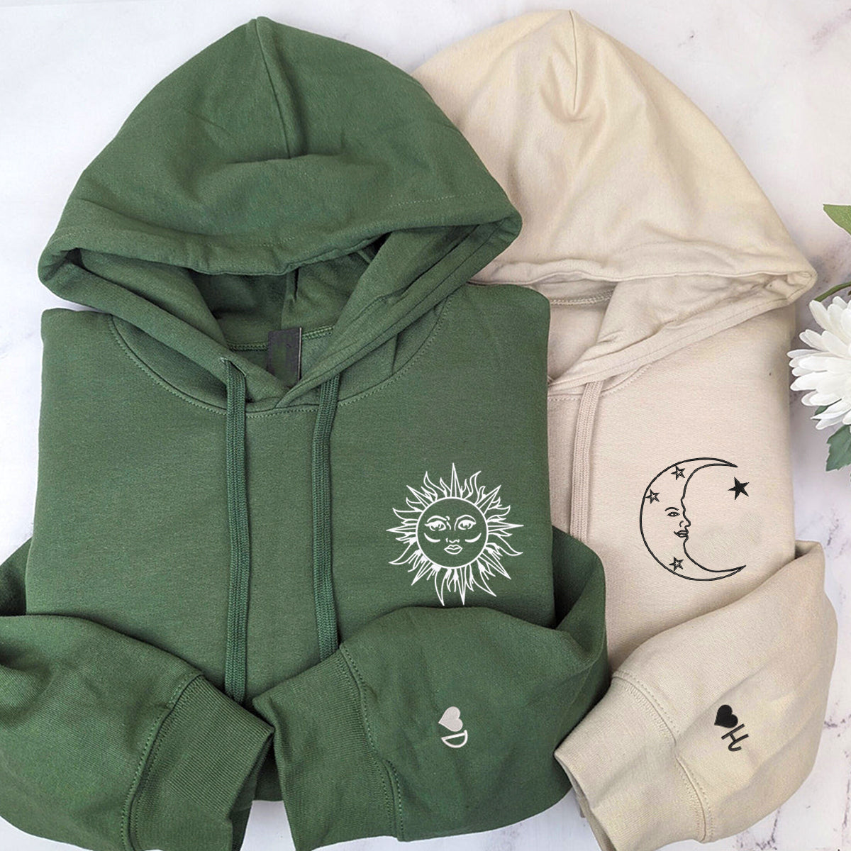 Moon and Sun Custom Embroidered Hoodie Set - Matching Couple Personalized Hoodies