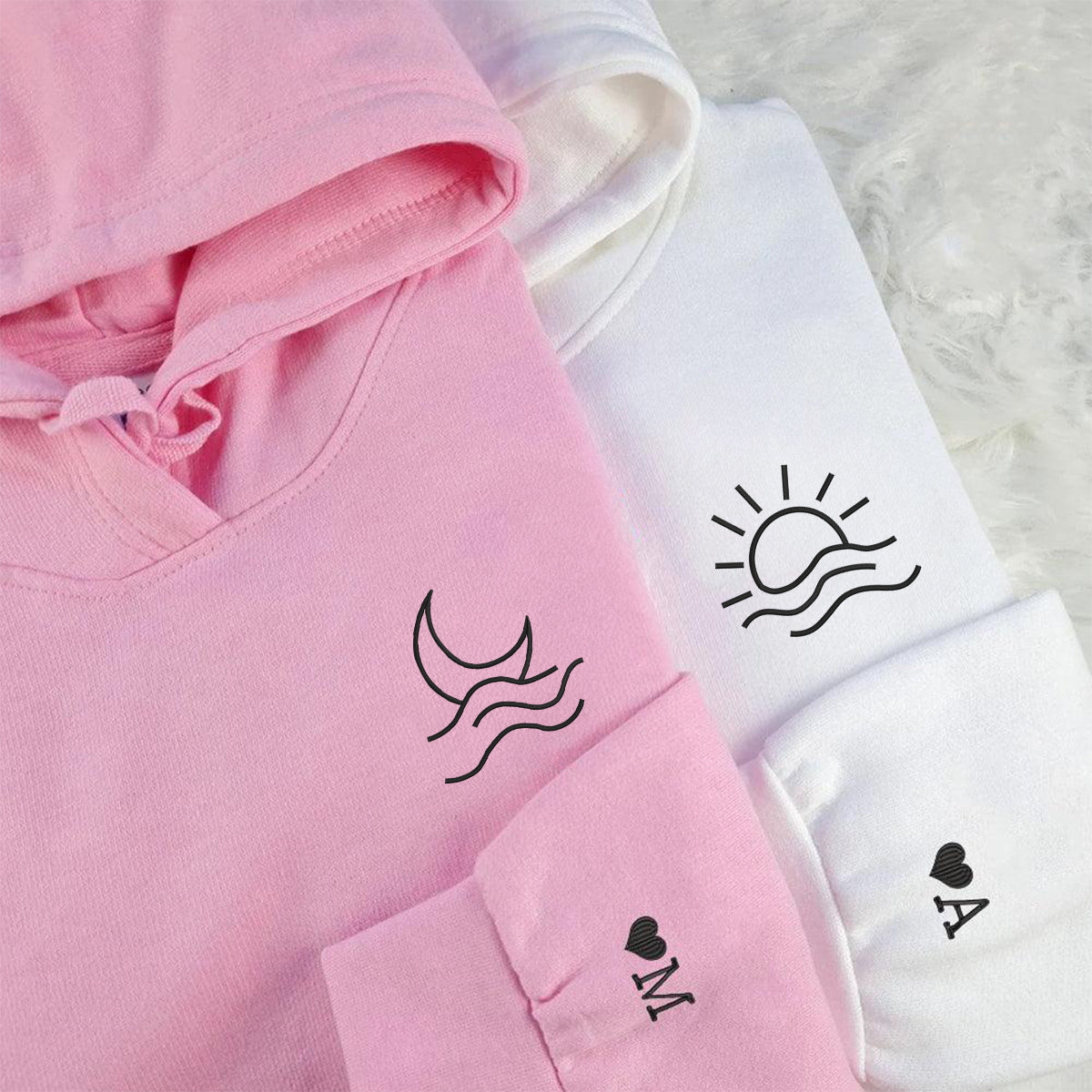 Moon and Sun Custom Embroidered Hoodie Set - Matching Couple Personalized Hoodies