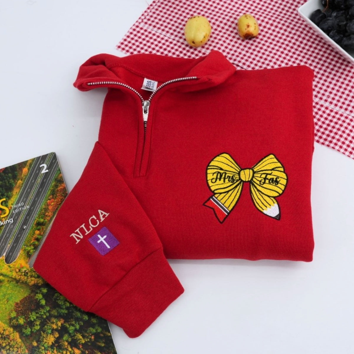 Mrs Teacher Bow Custom Embroidered Quarter-Zip - Personalized Name - Perfect Teacher Gift