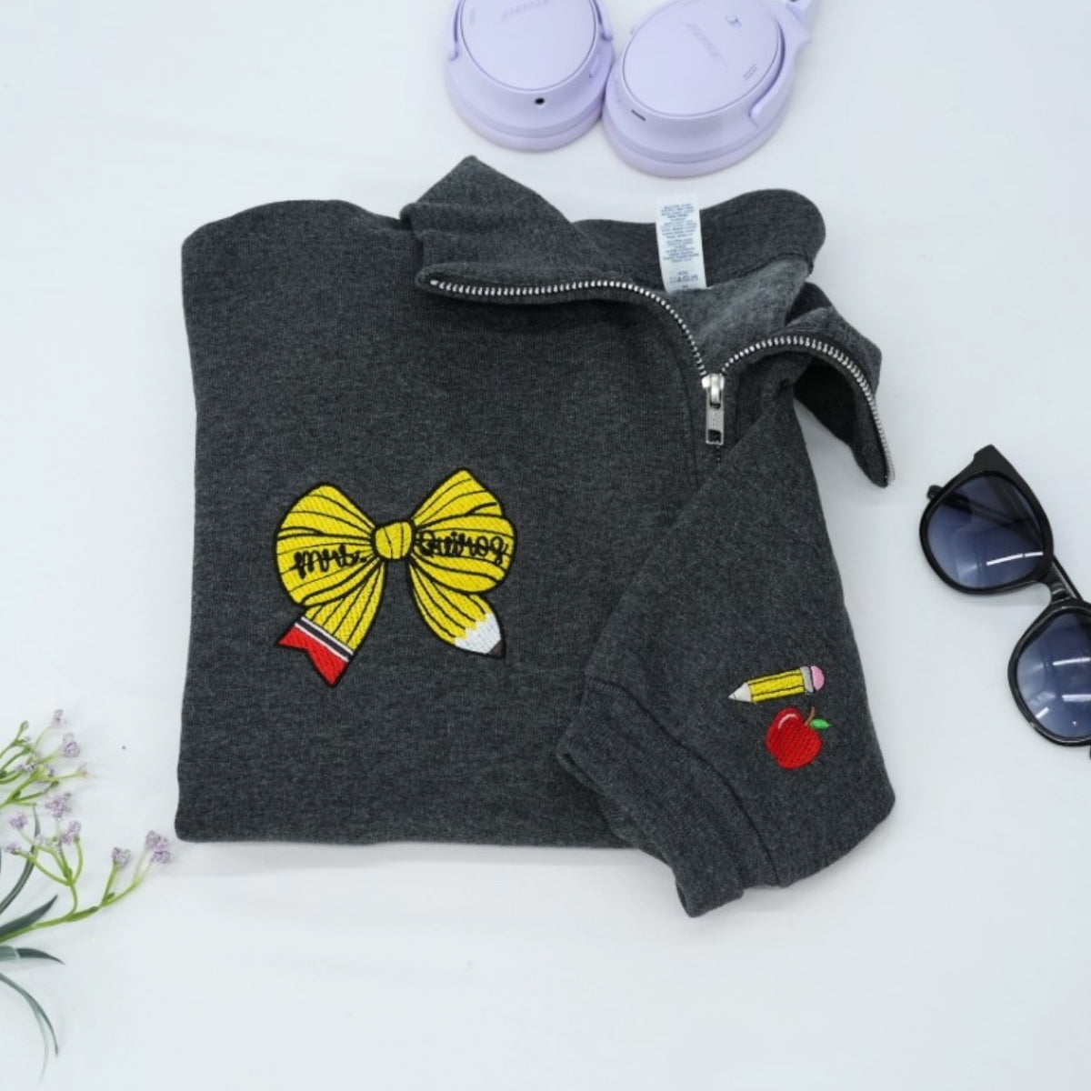 Mrs Teacher Bow Custom Embroidered Quarter-Zip - Personalized Name - Perfect Teacher Gift