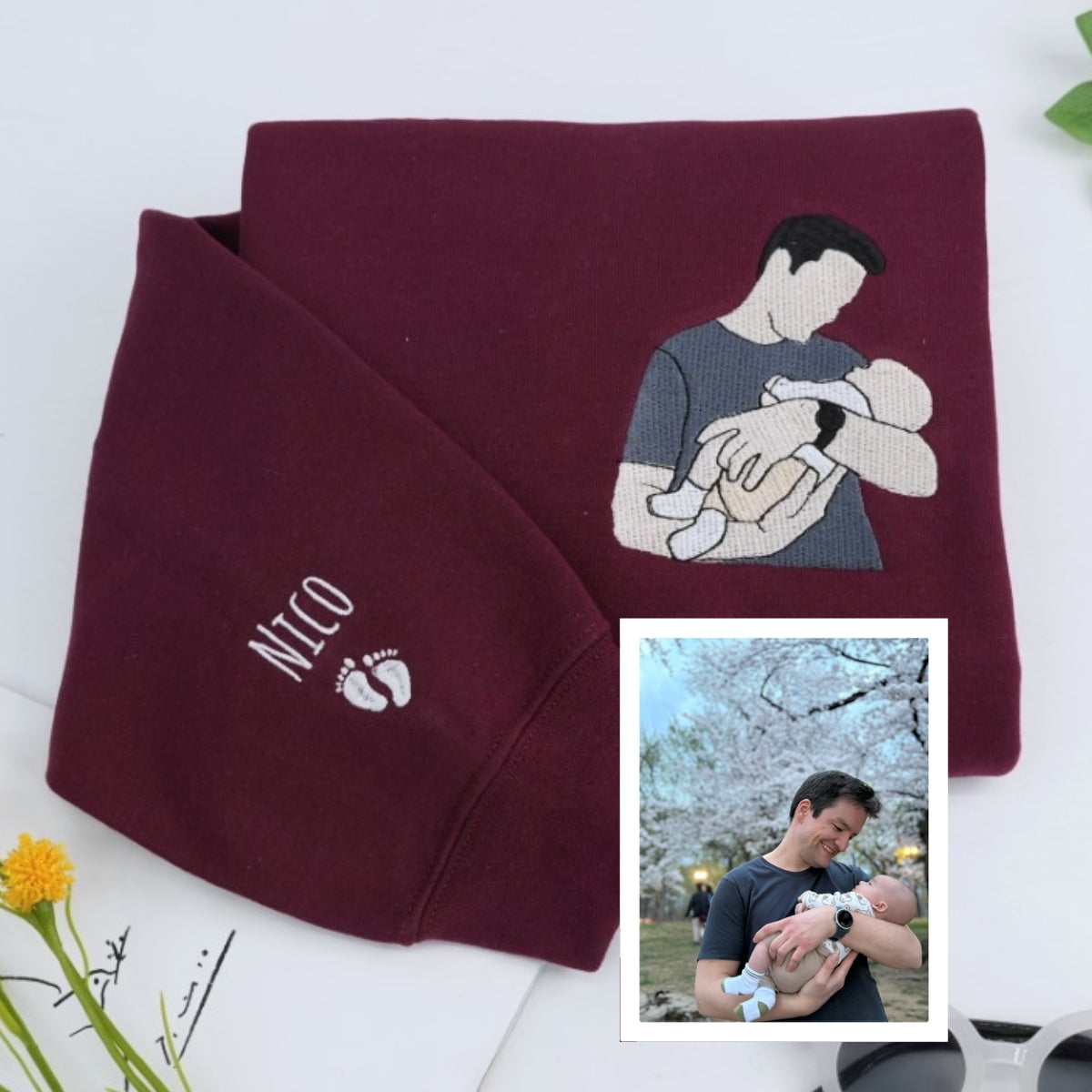 New Dad Custom Embroidered Hoodie - Baby Name Footprints - Personalized Father's Day Gift