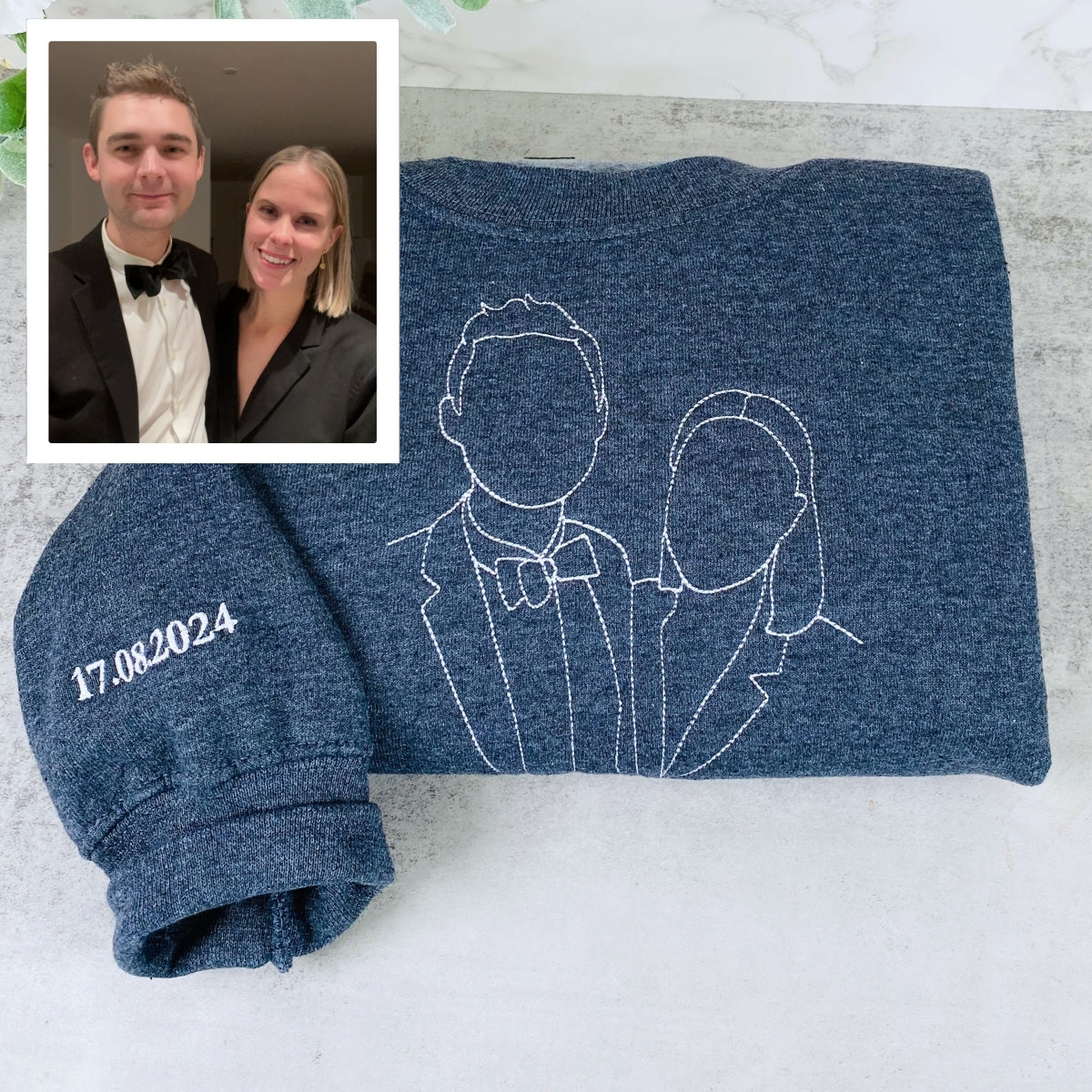 Photo Custom Embroidered Hoodie - Couple Line Art - Personalized Relationship Gift