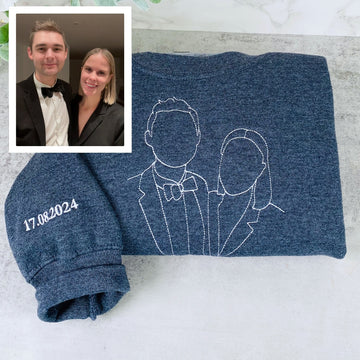 Photo Custom Embroidered Hoodie - Couple Line Art - Personalized Relationship Gift