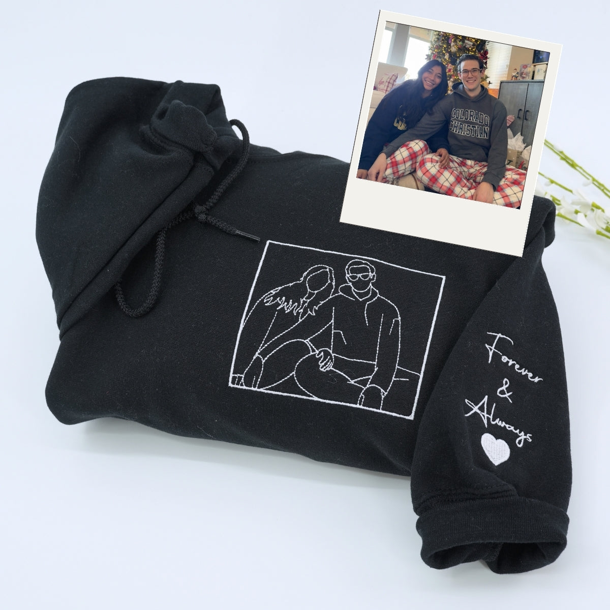 Photo Custom Embroidered Hoodie - Couple Line Art - Personalized Relationship Gift