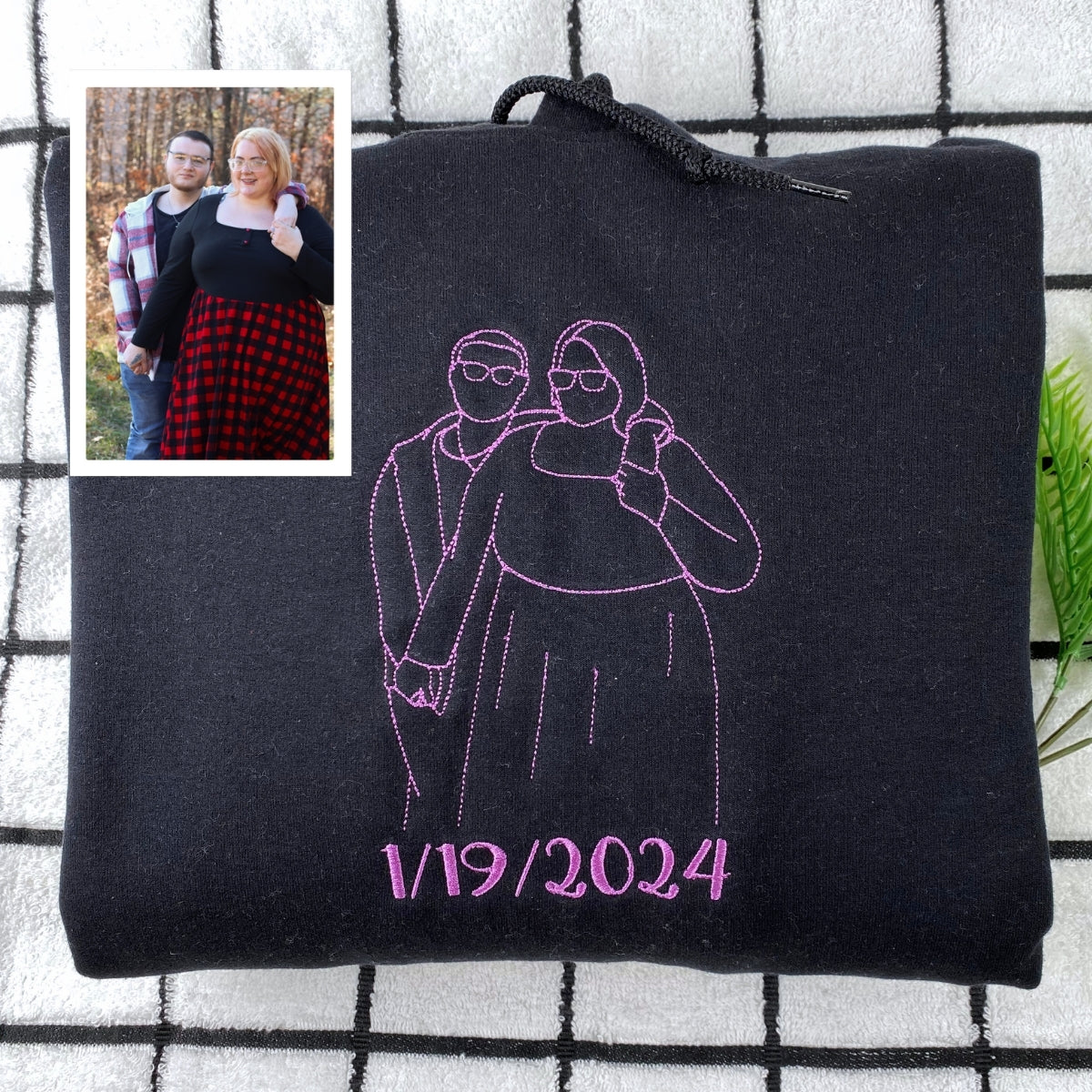 Photo Custom Embroidered Hoodie - Couple Line Art - Personalized Relationship Gift