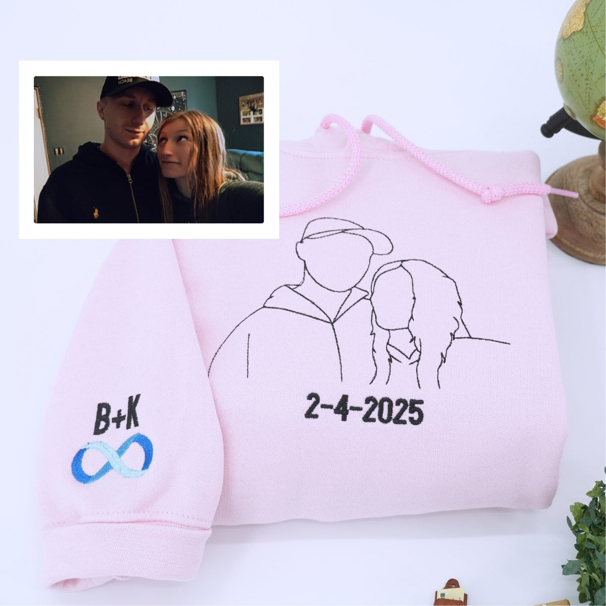 Photo Custom Embroidered Hoodie - Couple Line Art - Personalized Relationship Gift