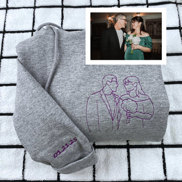Outline Photo Custom Embroidered Hoodie - Personalized Portrait Couple Sweatshirt - Line Art