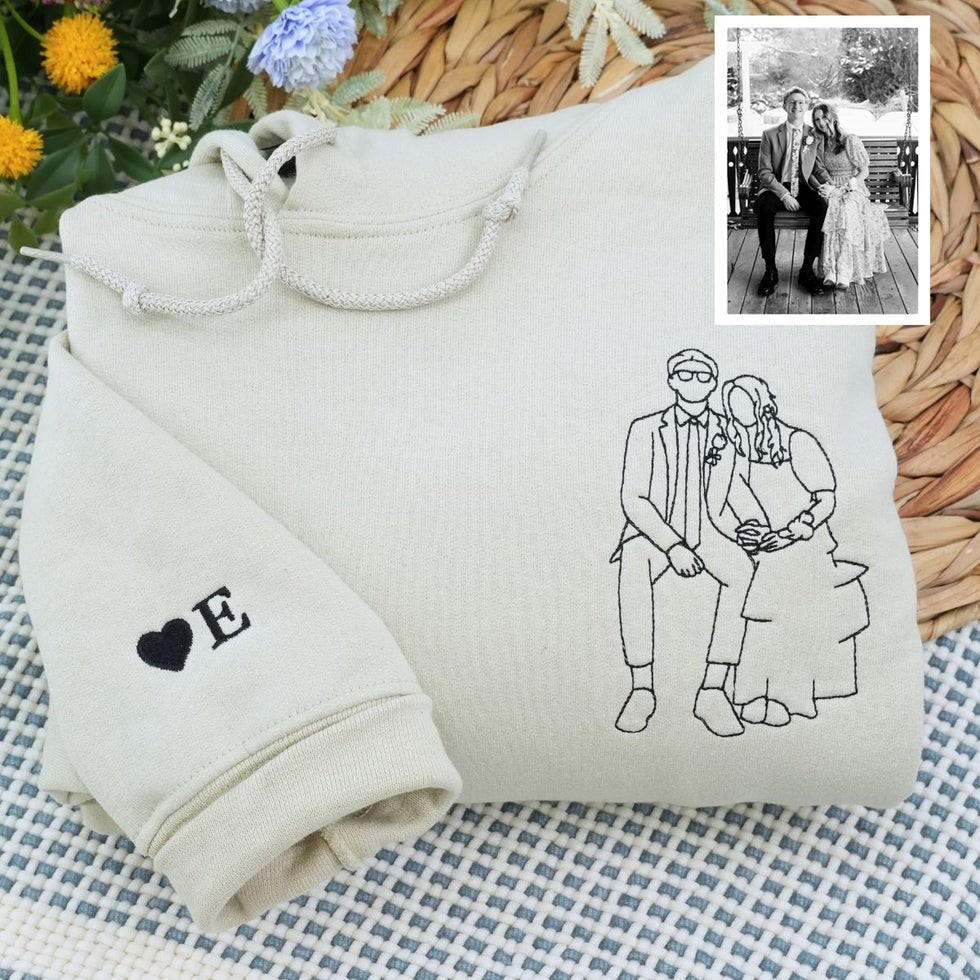 Outline Photo Custom Embroidered Hoodie - Personalized Portrait Couple Sweatshirt - Line Art
