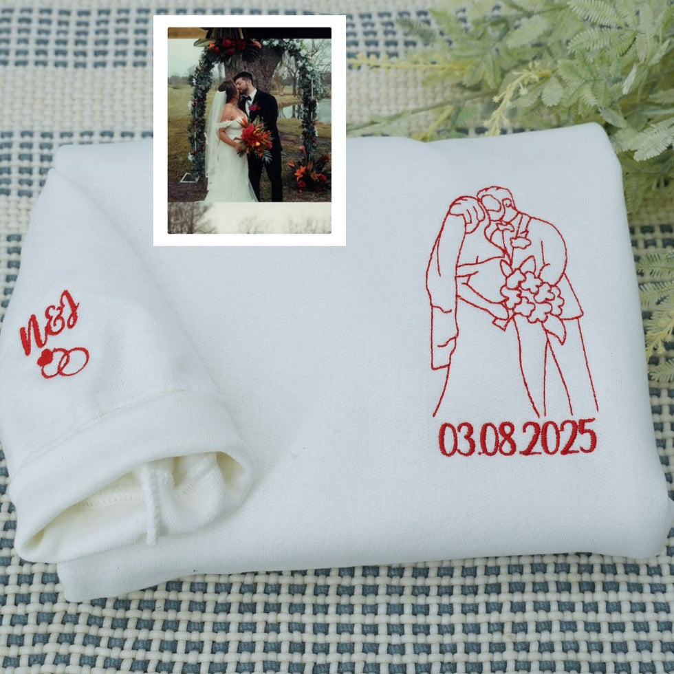 Outline Photo Custom Embroidered Hoodie - Personalized Portrait Couple Sweatshirt - Line Art