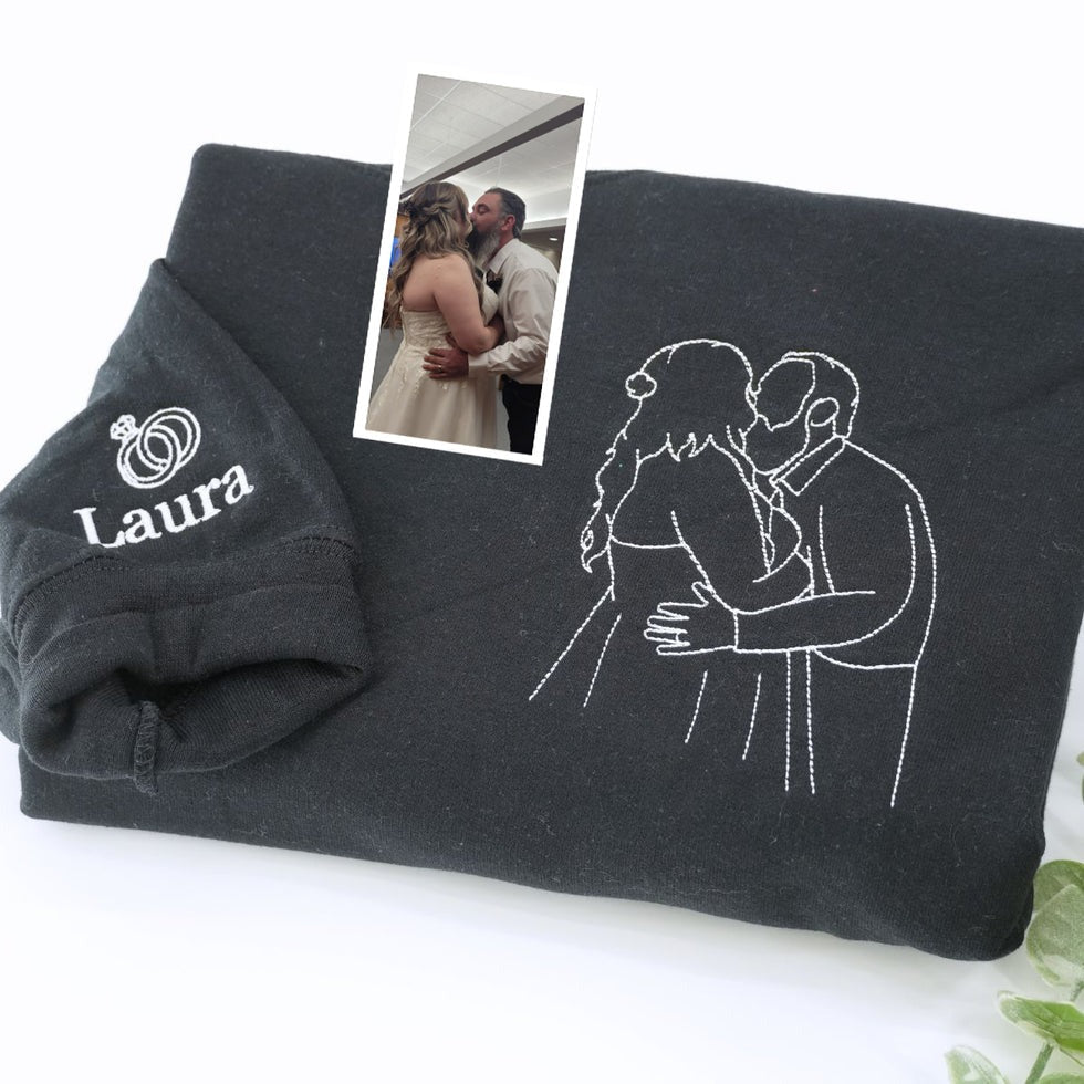 Outline Photo Custom Embroidered Hoodie - Personalized Portrait Couple Sweatshirt - Line Art