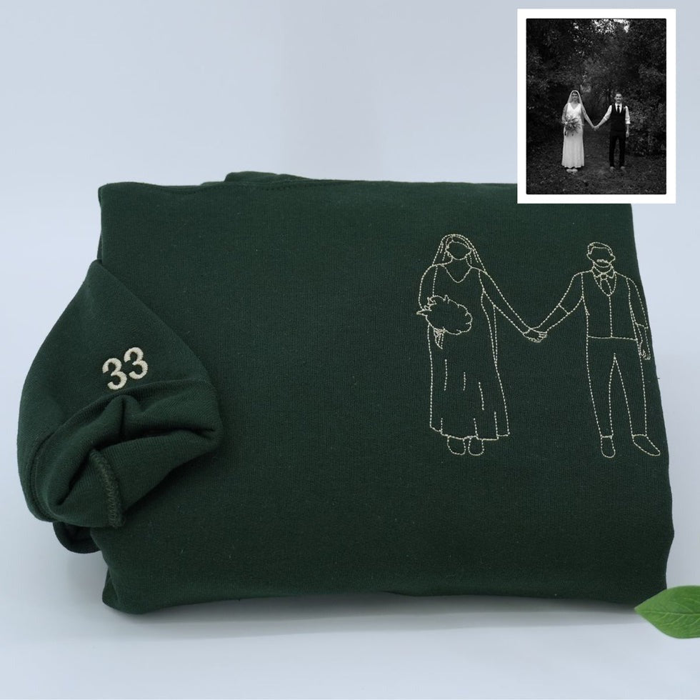 Outline Photo Custom Embroidered Hoodie - Personalized Portrait Couple Sweatshirt - Line Art