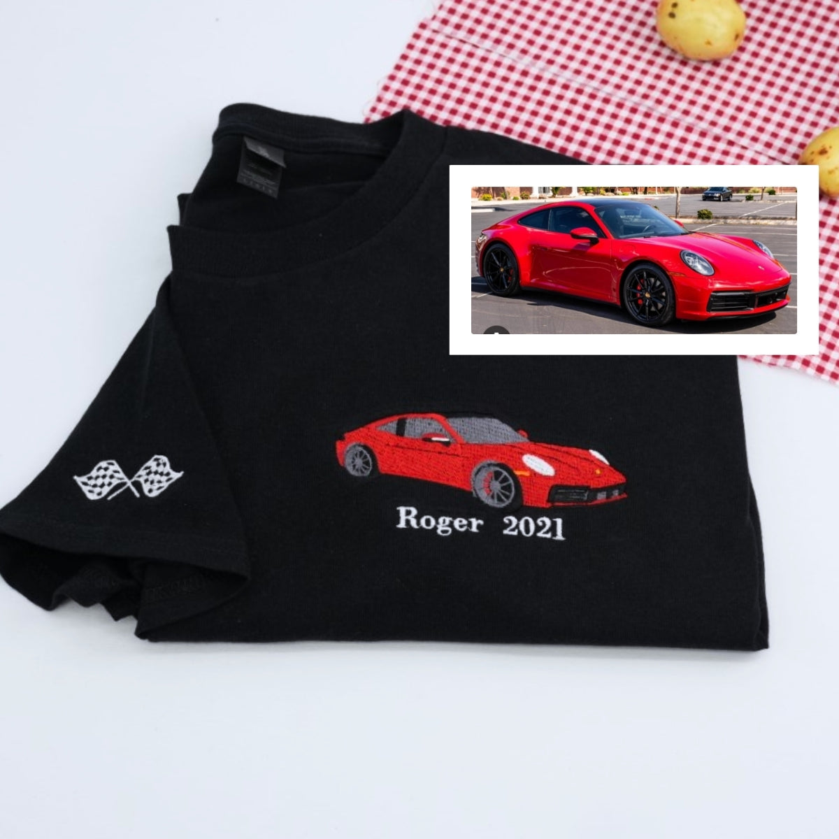 Sports Car Custom Embroidered T-Shirt - Personalized Auto Apparel Gift for Car Lovers