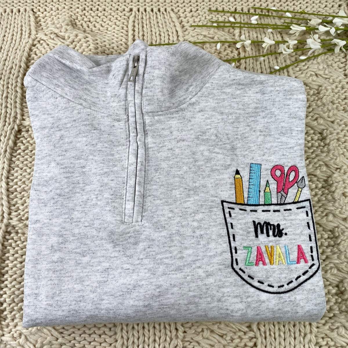 Teacher Custom Embroidered Zip-Up Hoodie - Personalized Educator Sweatshirt Gift