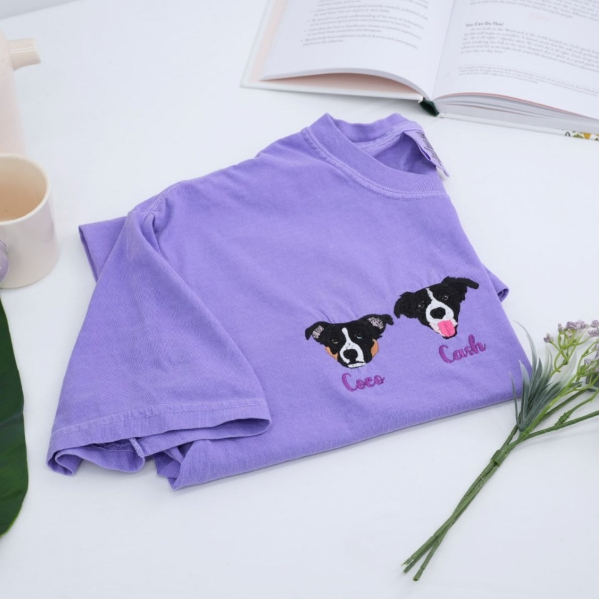 Personalized Dog Portrait T-Shirts - Custom Dog Face Embroidered Shirts - Dog Name Gift for Dog Mom Dad - Premium Pet Memorial Apparel