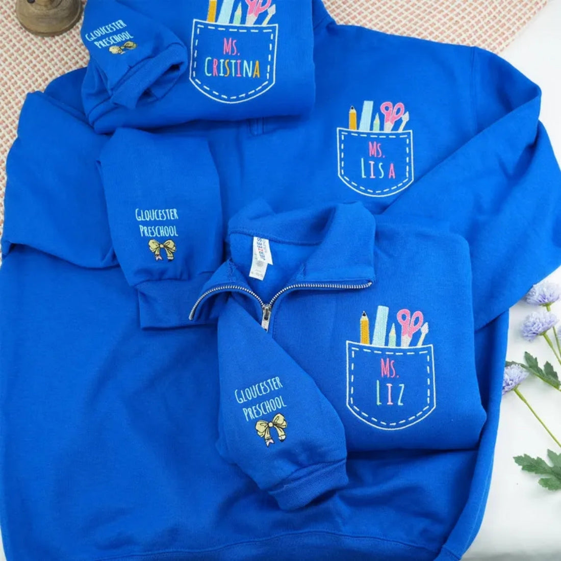 Personalised Teacher Team Zip Up Hoodies - Custom Name Embroidered School Staff Sweaters - Bulk Order