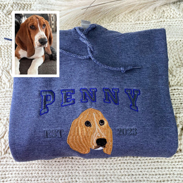 Dog Portrait Custom Embroidered Hoodie - Personalized Pet Memorial Sweatshirt Gift