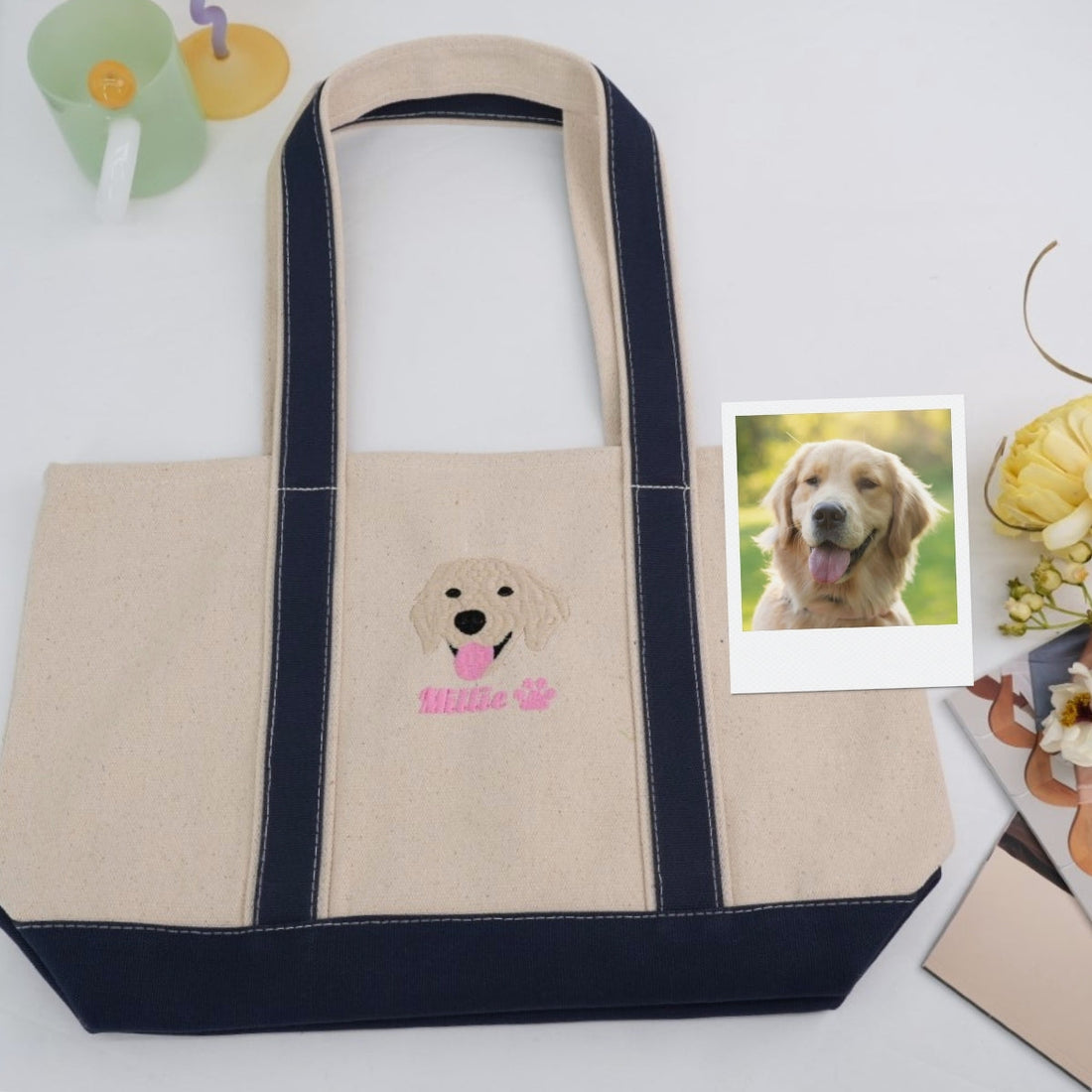 Dog Face Custom Embroidered Tote Bag - Personalized Pet Portrait Memorial Gift