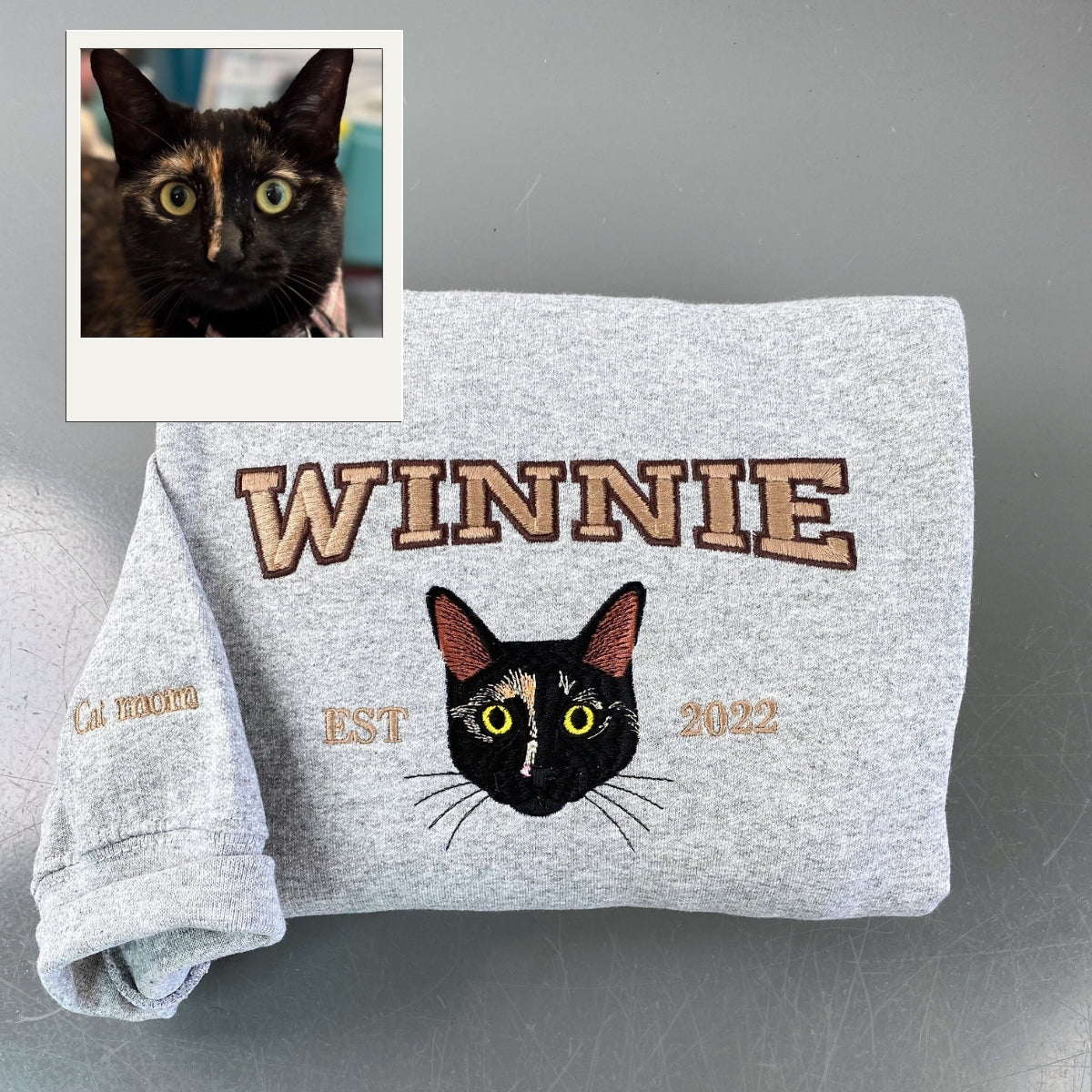 Cat Face Varsity Custom Embroidered Hoodie - Personalized Cat Name Sweatshirt - Collegiate Cat Lover