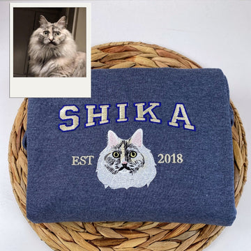 Pet Portrait Varsity Hoodies - Custom Cat Face Embroidery with Name - Collegiate Cat Lover Apparel