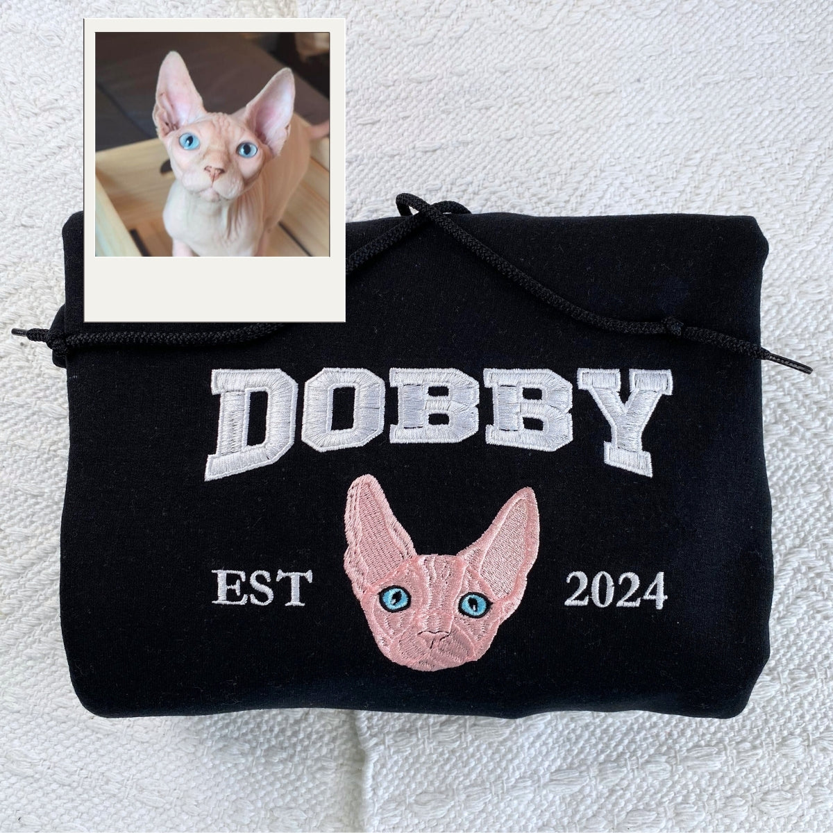 Pet Portrait Varsity Hoodies - Custom Cat Face Embroidery with Name - Collegiate Cat Lover Apparel
