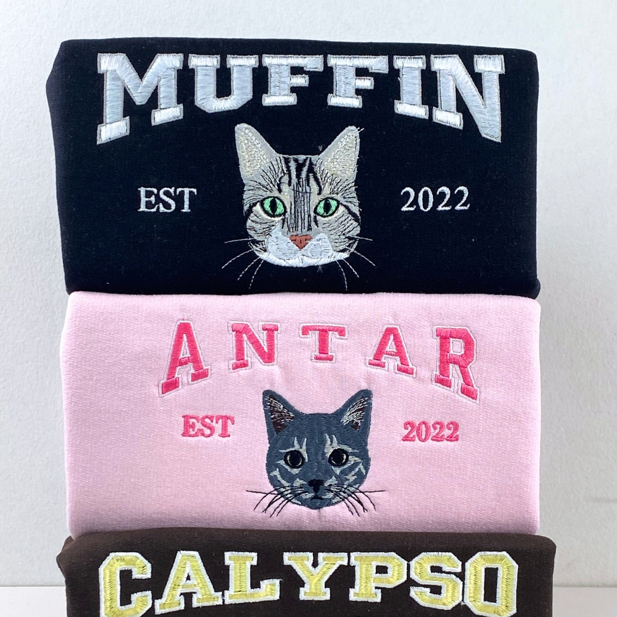 Pet Portrait Varsity Hoodies - Custom Cat Face Embroidery with Name - Collegiate Cat Lover Apparel
