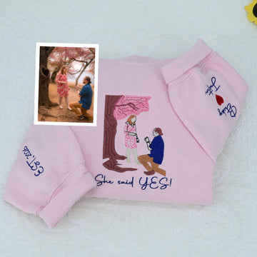 Engagement Photo Custom Embroidered Hoodie - Proposal Memory Sweatshirt - He Asked She Said Yes Gift