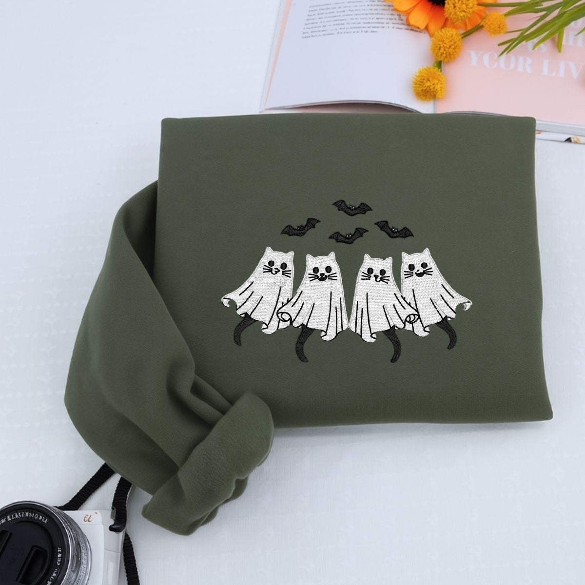 Spooky Cat Custom Embroidered Hoodie - Halloween Sweatshirt Personalized Cat Parent Apparel