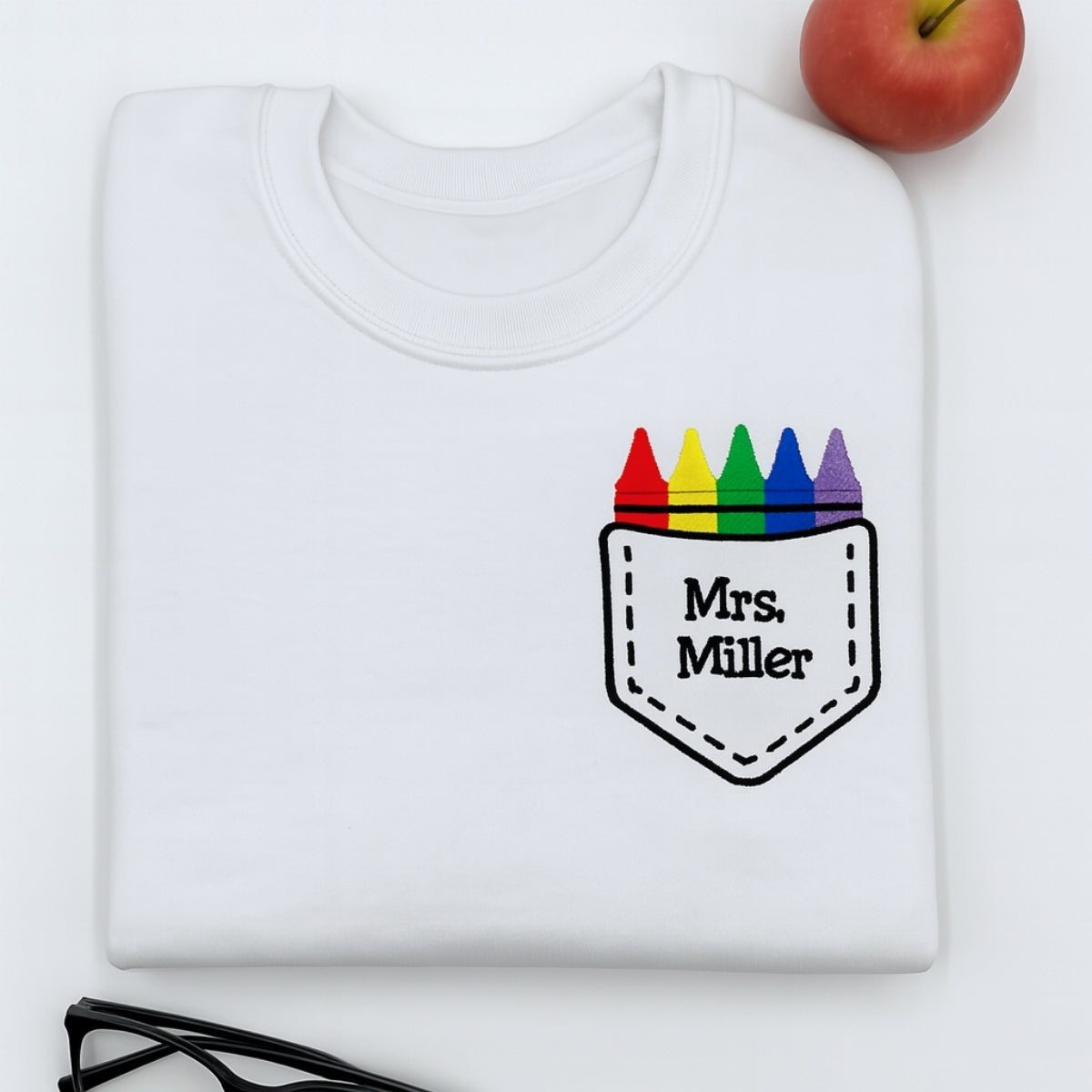 Crayon Pocket Custom Embroidered Sweatshirt - Personalized Back to School Teacher Gift