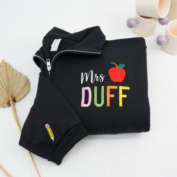 Mrs Name Custom Embroidered Quarter Zip Hoodie - Personalized Apple Pencil Teacher Gift