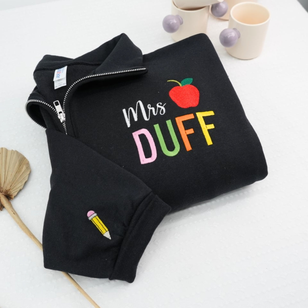 Mrs Name Custom Embroidered Quarter Zip Hoodie - Personalized Apple Pencil Teacher Gift