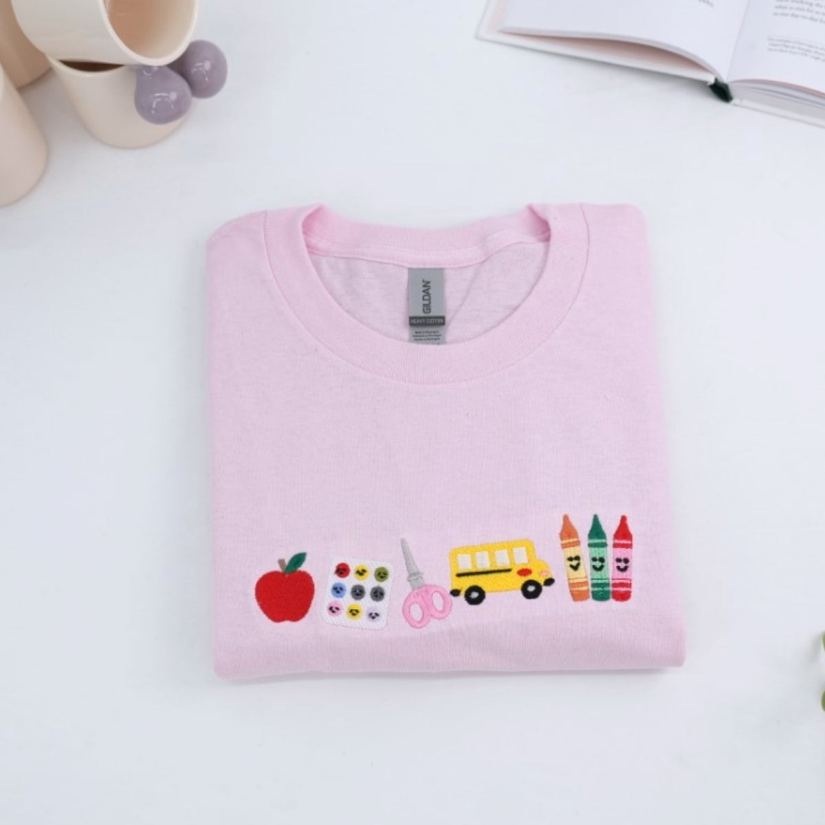 School Supply Custom Embroidered T-Shirt - Personalized Teacher Tee - Back to School Gift