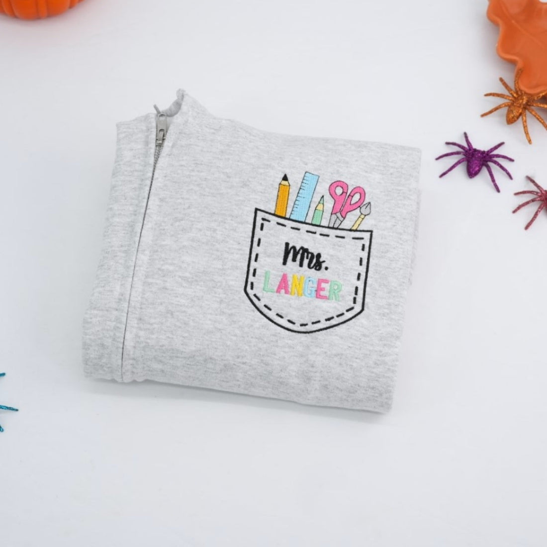 Pocket Quarter Zip Custom Embroidered Hoodie - Personalized Educator Apparel - Teacher Gift