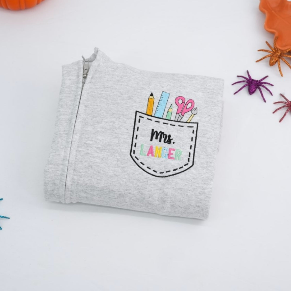 Pocket Quarter Zip Custom Embroidered Hoodie - Personalized Educator Apparel - Teacher Gift