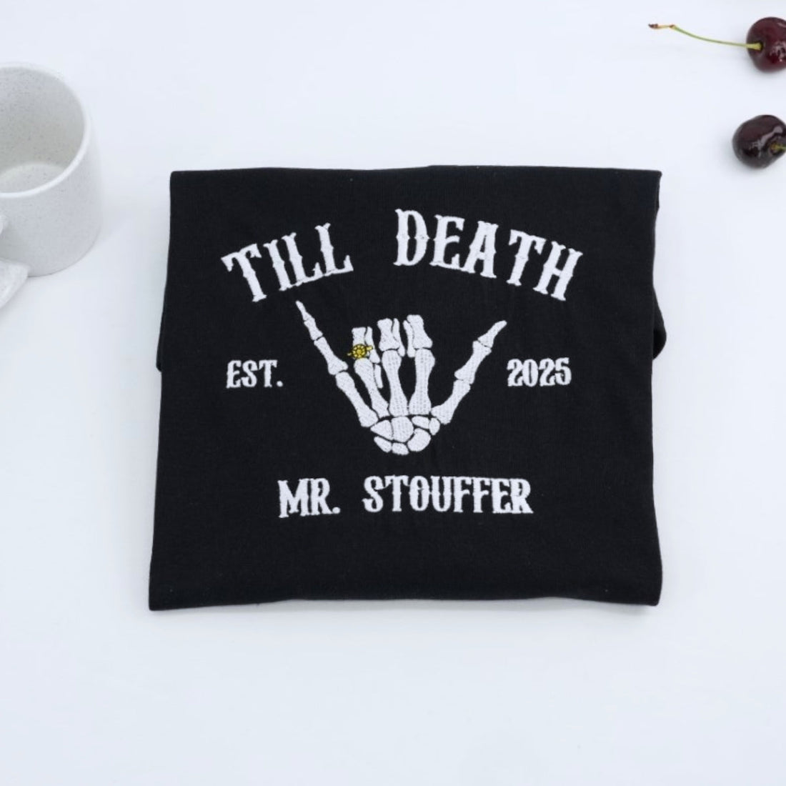 Till Death Custom Couple Hoodies - Mr & Mrs Skeleton Hand Embroidered - Gothic Anniversary Gift