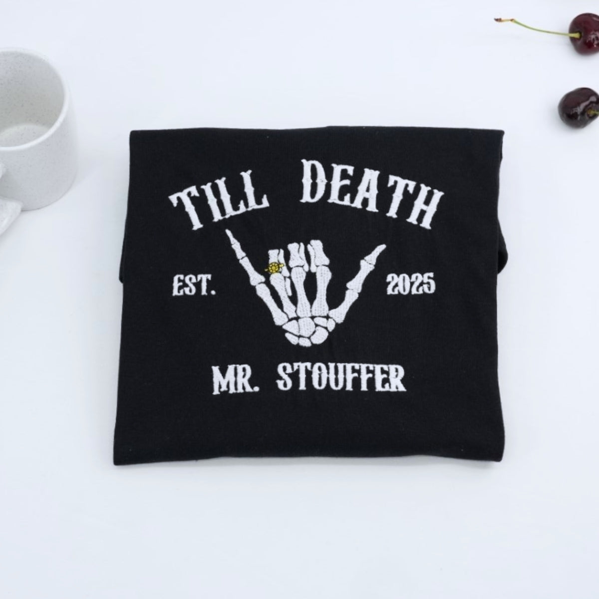 Till Death Custom Couple Hoodies - Mr & Mrs Skeleton Hand Embroidered - Gothic Anniversary Gift