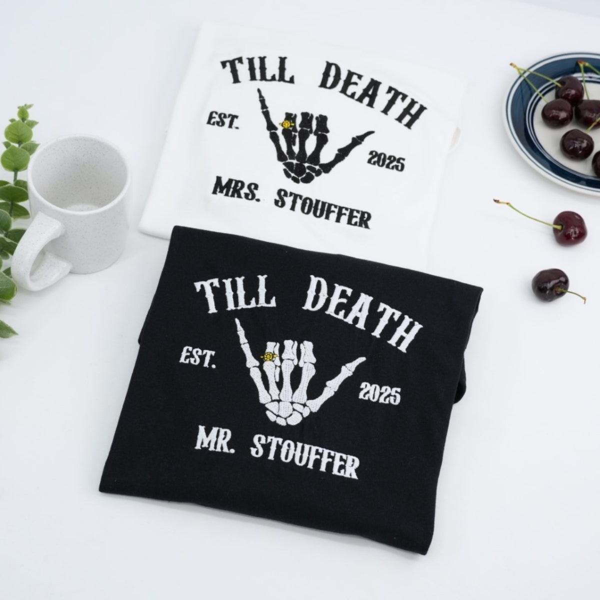 Till Death Custom Couple Hoodies - Mr & Mrs Skeleton Hand Embroidered - Gothic Anniversary Gift