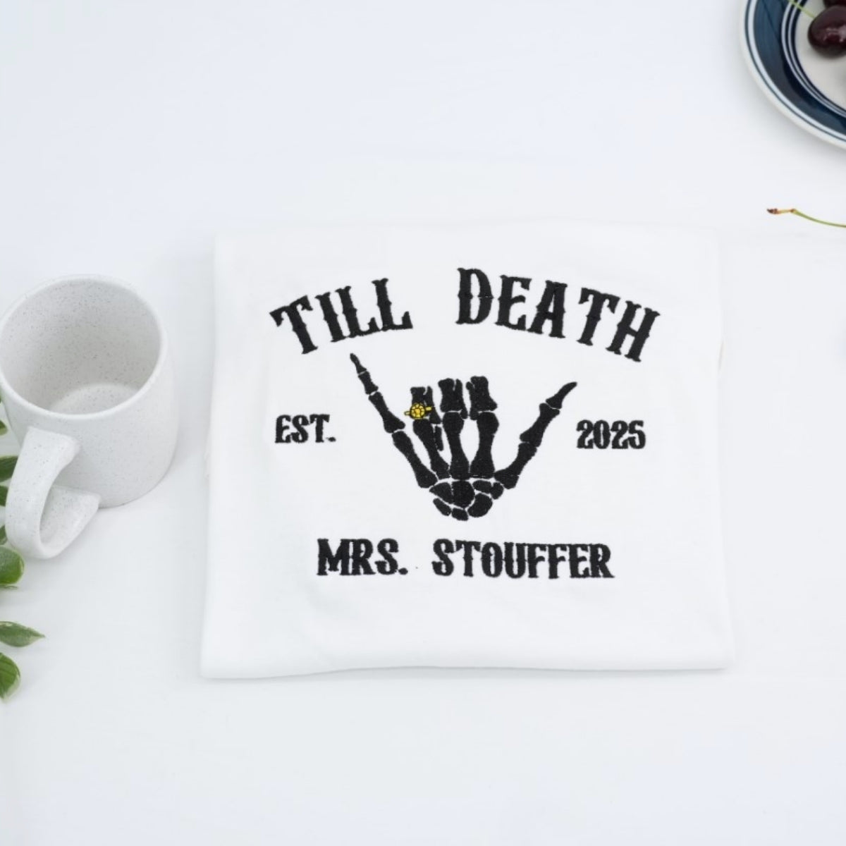 Till Death Custom Couple Hoodies - Mr & Mrs Skeleton Hand Embroidered - Gothic Anniversary Gift