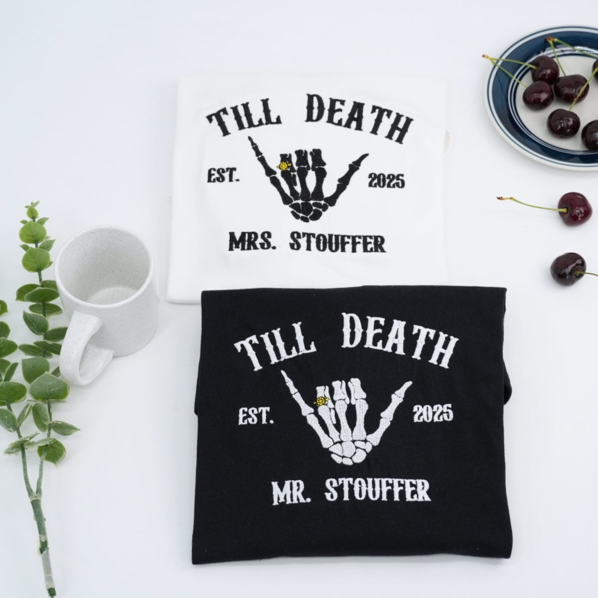 Till Death Custom Couple Hoodies - Mr & Mrs Skeleton Hand Embroidered - Gothic Anniversary Gift