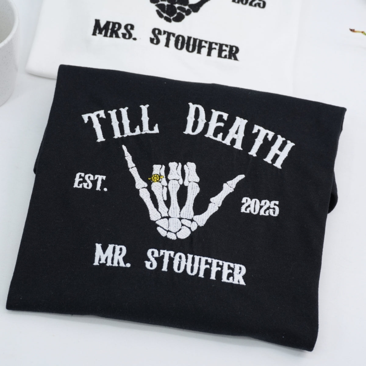 Till Death Custom Couple Hoodies - Mr & Mrs Skeleton Hand Embroidered - Gothic Anniversary Gift