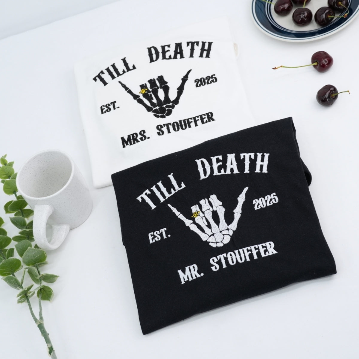 Till Death Custom Couple Hoodies - Mr & Mrs Skeleton Hand Embroidered - Gothic Anniversary Gift