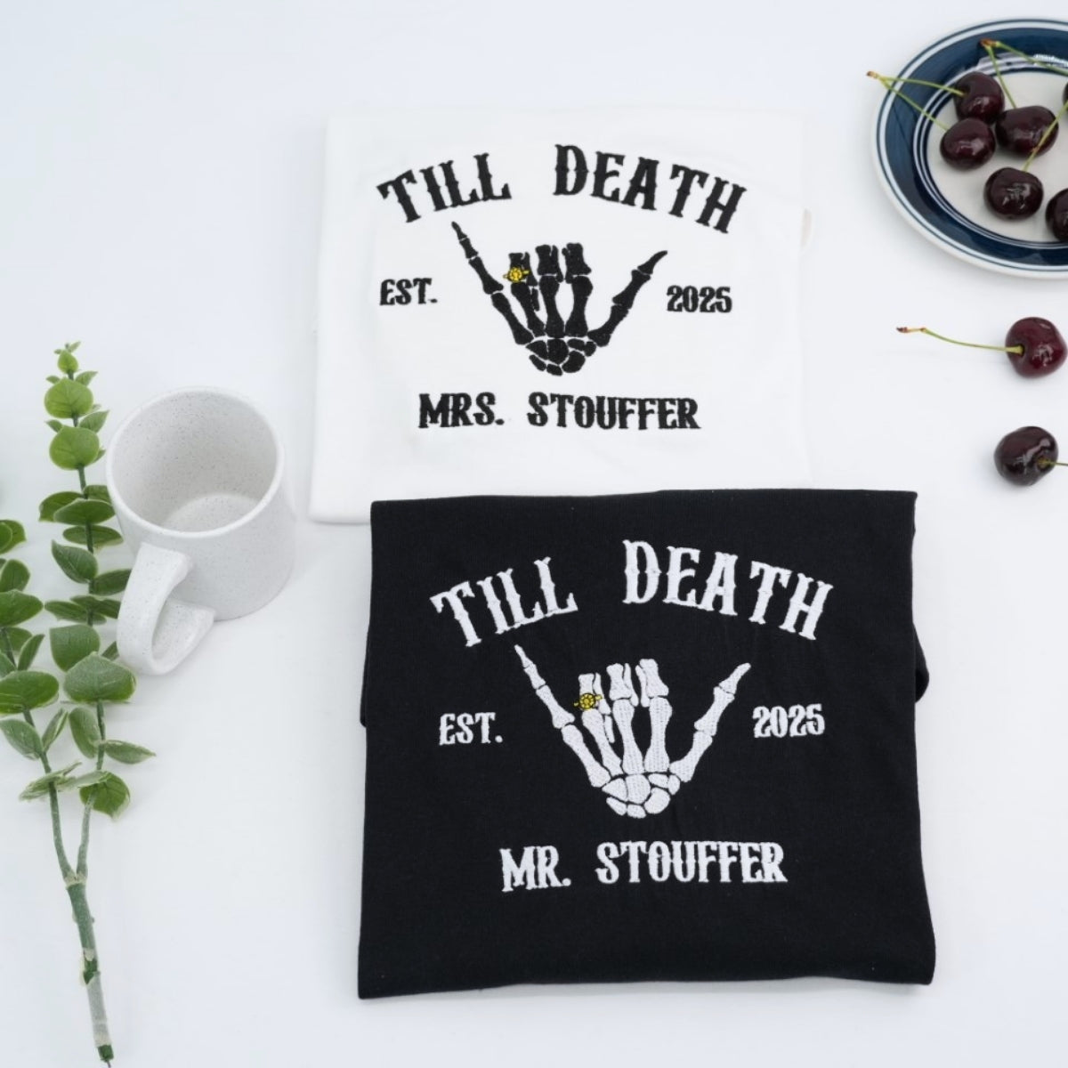 Till Death Custom Couple Hoodies - Mr & Mrs Skeleton Hand Embroidered - Gothic Anniversary Gift