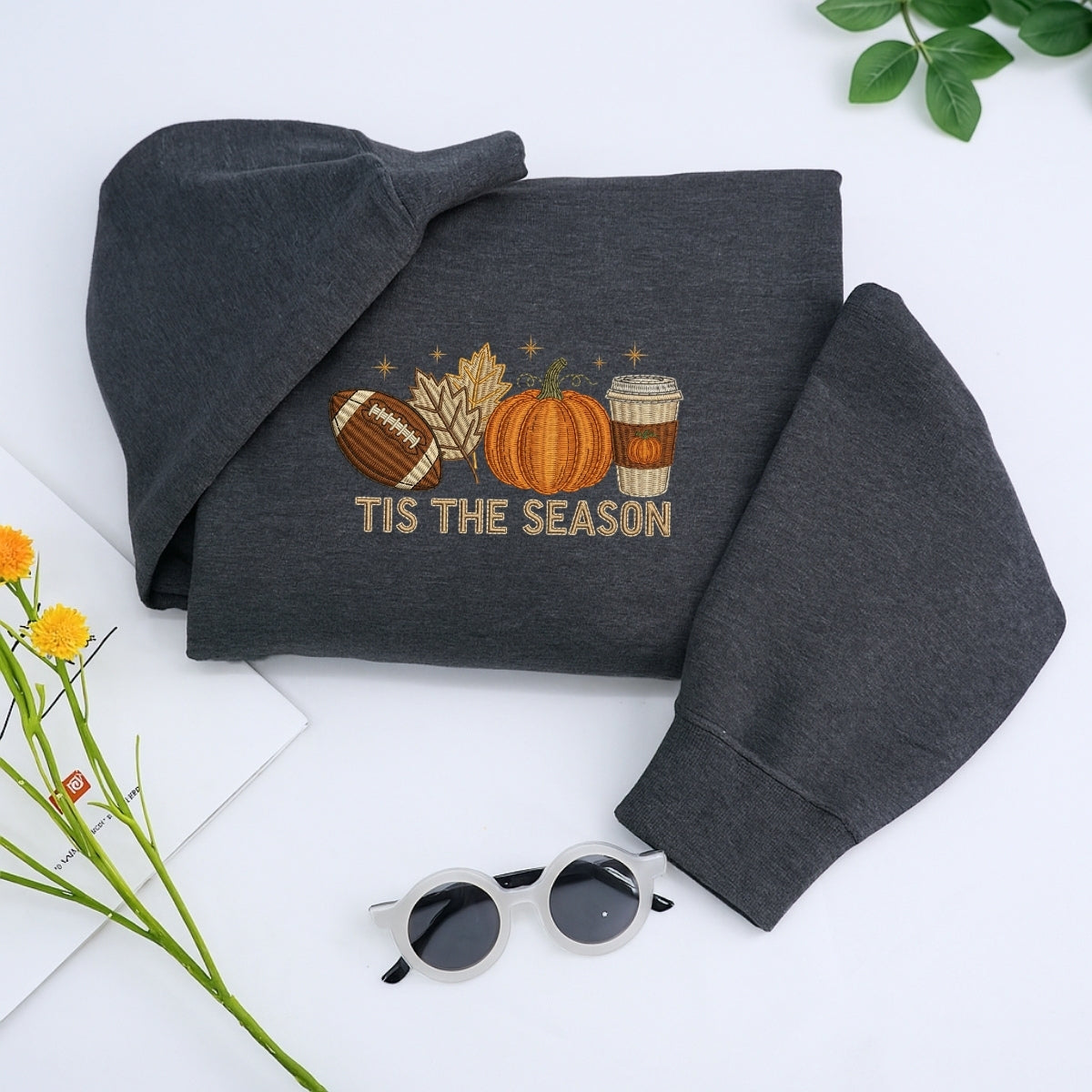 Football Pumpkin Spice Custom Embroidered Hoodie - Tis The Season Fall Sweatshirt - Autumn Gift